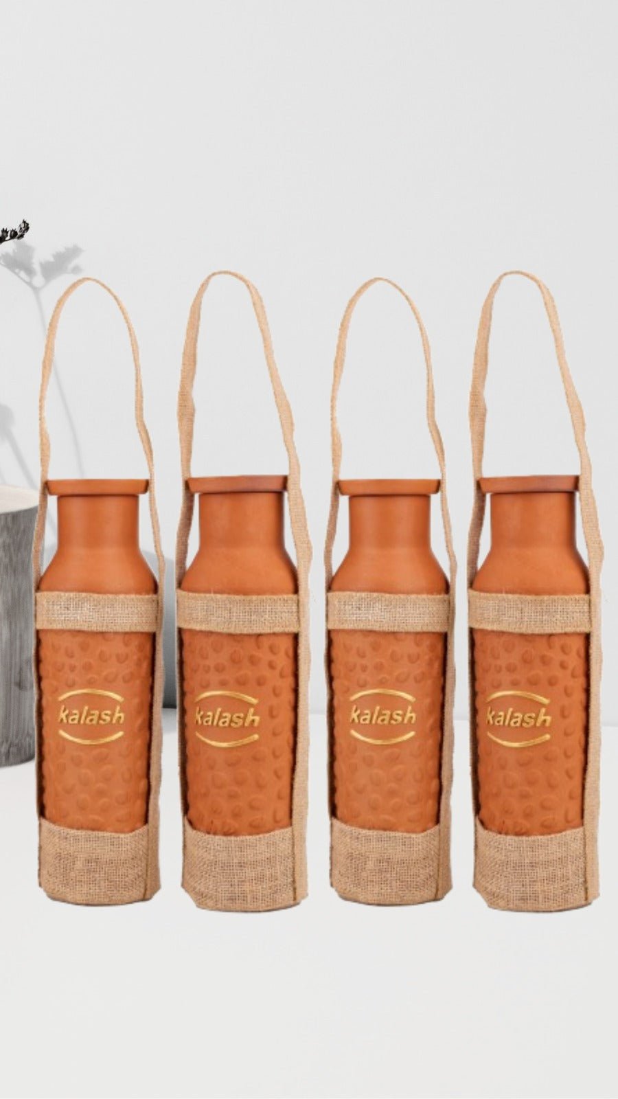 MY KALASH 100% Terracotta (Mitti) Bottle | Travel Friendly, Amazing Desk Bottle | Leak Proof and Keeps Water Cold | Ample 800ml Capacity Water Bottle with Free Jute Bag | Environment Friendly | Pack of 4 - Kalash