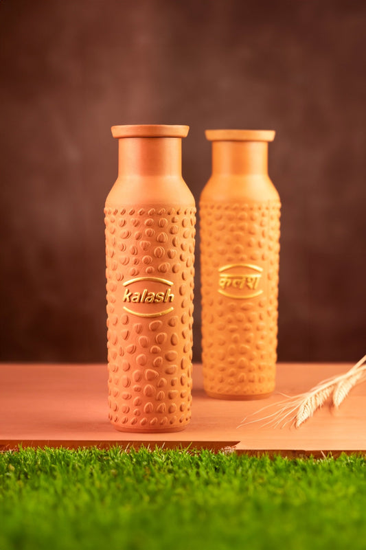 MY KALASH 100% Terracotta (Mitti) Bottle | Travel Friendly, Amazing Desk Bottle | Leak Proof and Keeps Water Cold | Ample 800ml Capacity Water Bottle with Free Jute Bag | Environment Friendly | Pack of 2 - Kalash